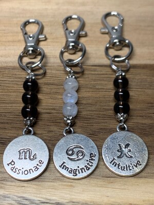 Water Sign Zodiac Crystal Keychain, Cancer, Scorpio, Pisces, Crystal Jewelry, Smoky quartz and Moonstone, Zipper Charm - image2